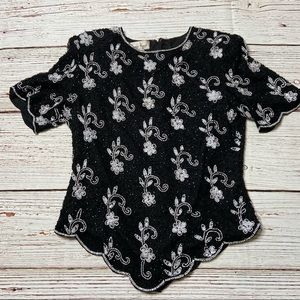 Vintage 80s Laurence Kazar New York Silk Beaded and Sequin Top Sz M